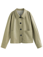 Load image into Gallery viewer, FSLE Polo Collar Full Drop Sleeve Leather Jacket Loose Short Straight Jacket Office Lady Solid Single Breasted Coats