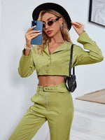 Load image into Gallery viewer, Simplee Office v-neck long sleeves crop top pant set Notched button belt high waist pants suit Shoulder pad green two piece sets