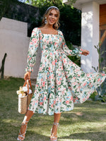 Load image into Gallery viewer, Simplee Floral slash neck long sleeve ruffle print summer dress women Holiday beach belt vestido Square collar elastic dresses
