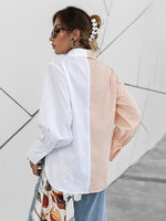 Load image into Gallery viewer, Simplee Autumn Color Block Casual Women Blouse Solid Cotton Lapel Collar Office Lady Shirt Full Lantern Sleeves