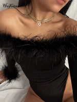Load image into Gallery viewer, Hugcitar Feather Slash Neck Long Sleeve Solid Elegant Sexy Bodycon Bodysuit