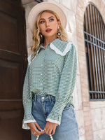 Load image into Gallery viewer, Simplee Gingham Square Office Ladies Winter Blouses Peter Pan Collar Women Ruffle Tops Full Poet Sleeves Female Fitness Blouses