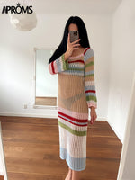 Load image into Gallery viewer, Aproms Multi Striped Crochet Midi Dresses