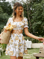 Load image into Gallery viewer, Simplee Square collar floral short sleeve women skirt sets