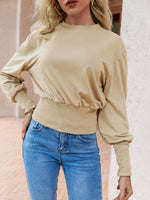 Load image into Gallery viewer, Simplee Causal bishop sleeve women hoodies autumn Office long sleeve short one piece hoodie sweatshirt O-neck khaki fashion tops