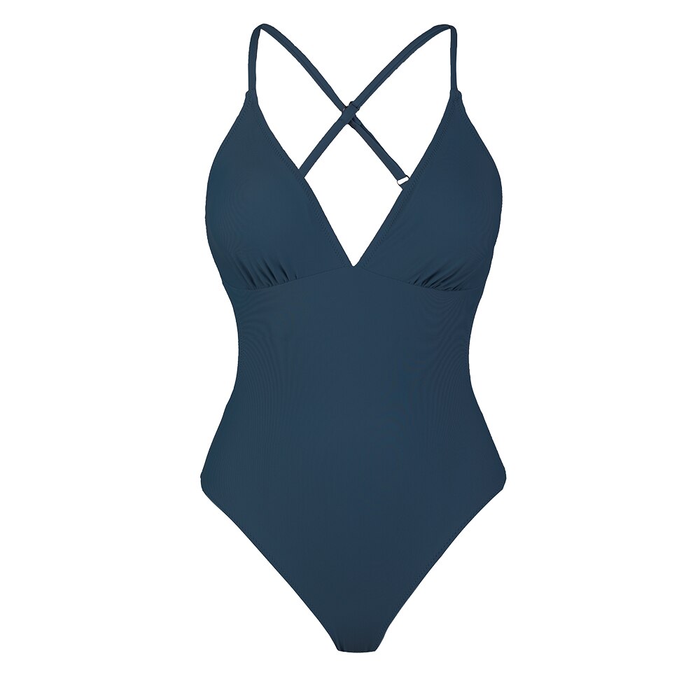 SEASELFIE V-neck Solid Blue One-piece Swimsuit For Women Sexy Cut Out Monokini Swimwear Beach Bathing Suit Beachwear