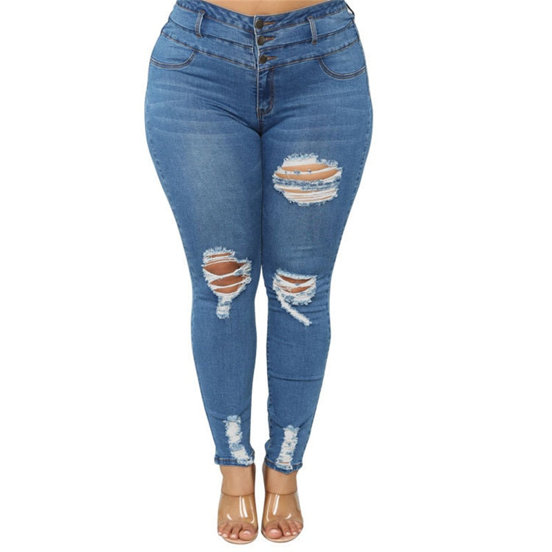 Women&#39;s Plus size jeans Black and blue high waist ripped jeans Fashion casual skinny denim pencil pants L-5XL drop shipping