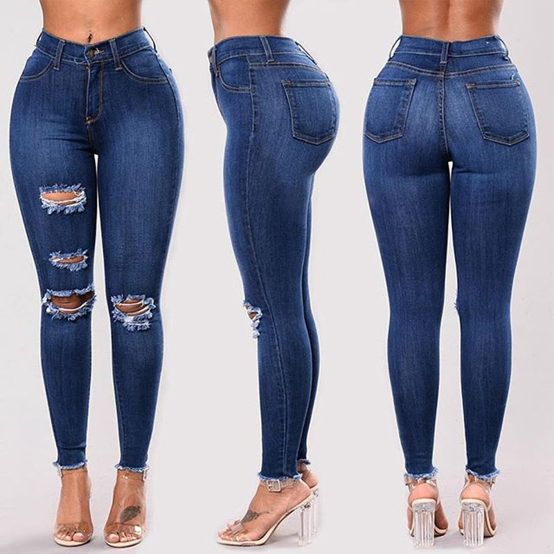2023 Women Jeans Newest Hot Stretch Skinny Ripped Hole Denim Female Slim High Waist Pencil Trousers Elegant Lady Button Bottom
