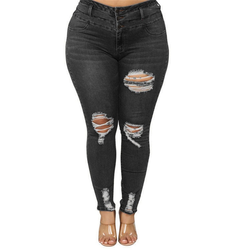 Women&#39;s Plus size jeans Black and blue high waist ripped jeans Fashion casual skinny denim pencil pants L-5XL drop shipping