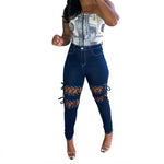 Load image into Gallery viewer, New Fashion Women Solid Lace-up Hollow Out Jeans 2021 Winter Lady&#39;s Streetwear High Waist Skinny Denim Pencil Pants
