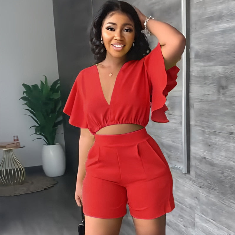 Sexy V Neck Ruffles Sleeve Crop Top &amp; Pockets Shorts Suit