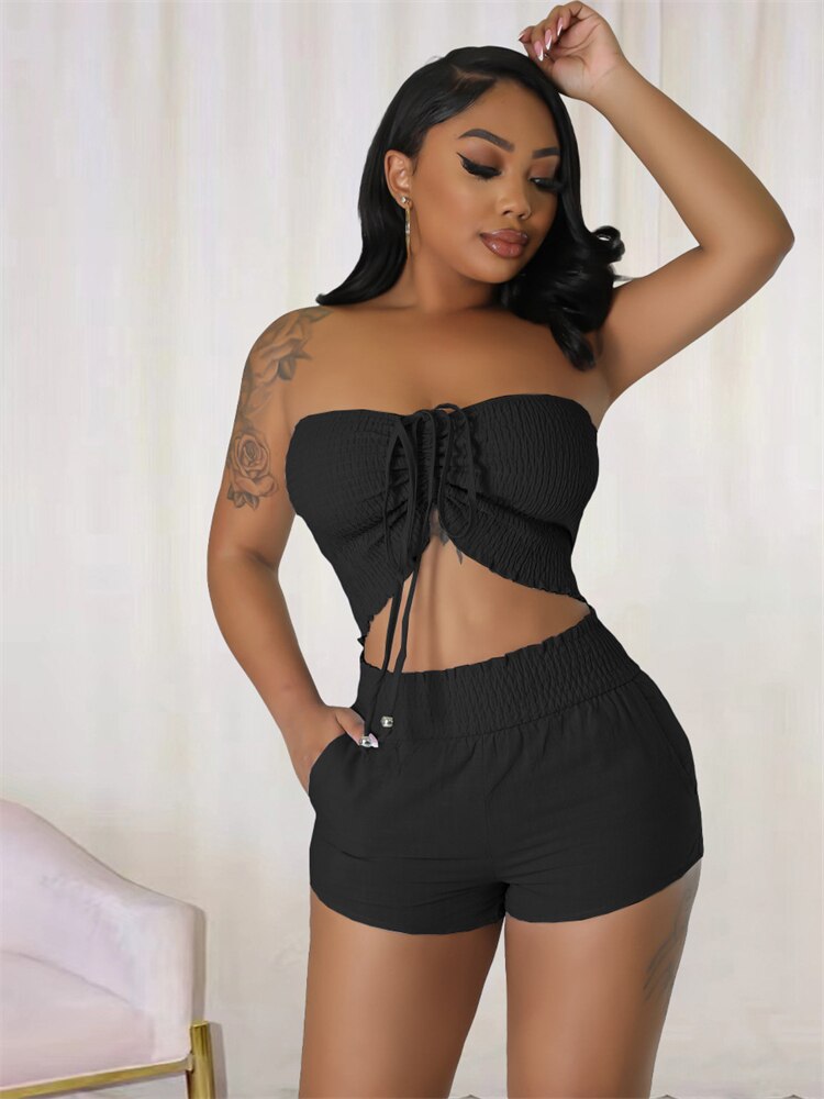 WLWXR Summer Sexy Black Solid Short Sets For Women Strapless Sleeveless Camis Top And Booty Short Pants Casual Party Set