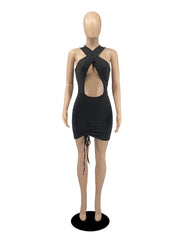 Akaily Summer Sexy Drawstring Balck Bodycon Mini Dresses For Women 2023 Sleeveless Halter Hollow Out Slim Fit Short Dresses