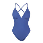 Load image into Gallery viewer, SEASELFIE V-neck Solid Blue One-piece Swimsuit For Women Sexy Cut Out Monokini Swimwear Beach Bathing Suit Beachwear
