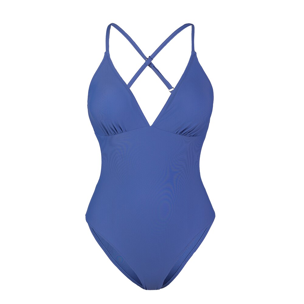 SEASELFIE V-neck Solid Blue One-piece Swimsuit For Women Sexy Cut Out Monokini Swimwear Beach Bathing Suit Beachwear