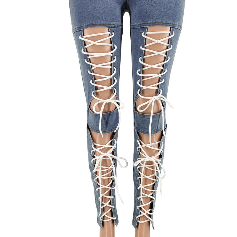 Fashion Sexy Women Summer Pants Female Streetwear Jeans Hollow Out Bottoms Eyelet Lace Up Trousers Women Denim Pants