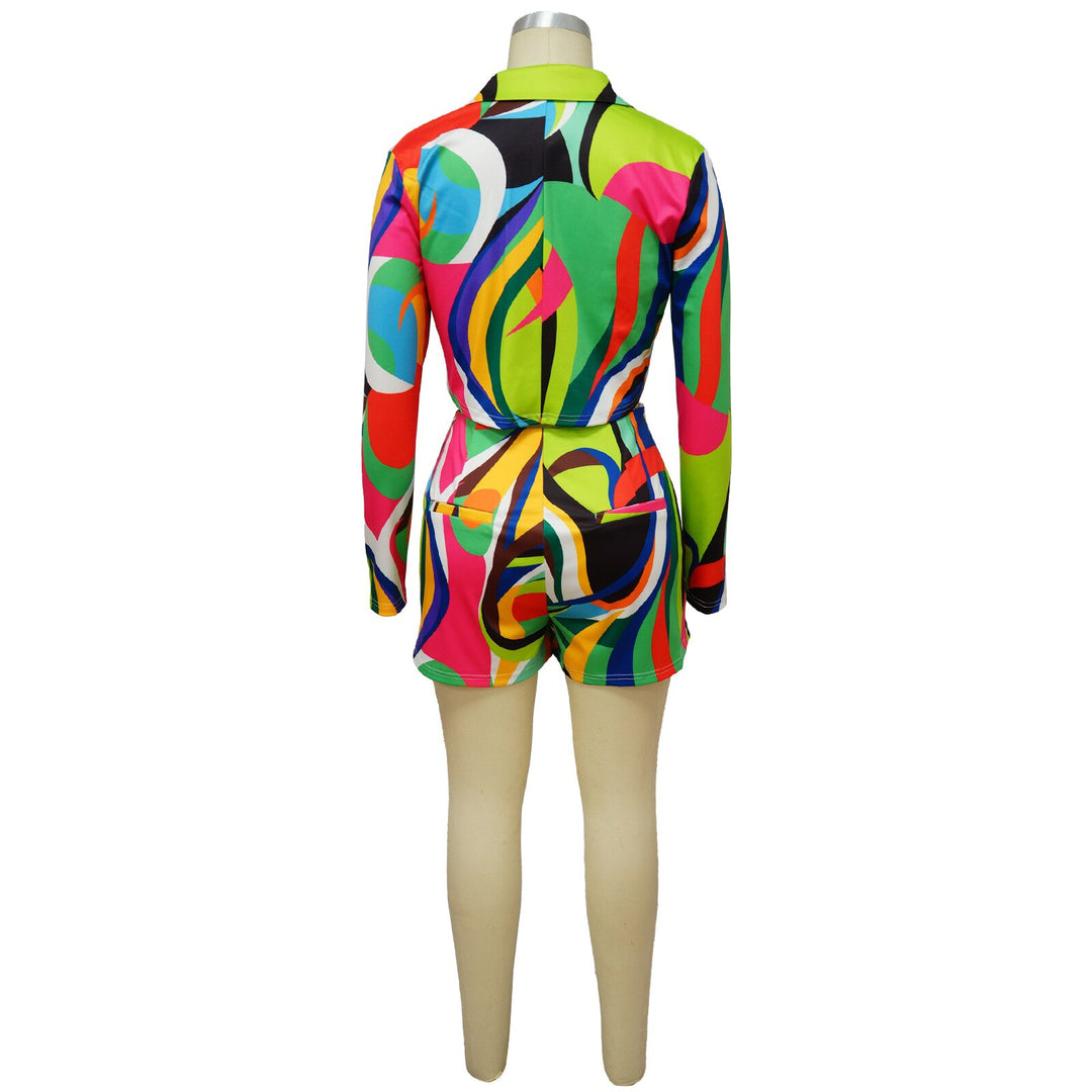 Echoine Colorful Print Long Sleeve Turn Down Callar Shorts Set