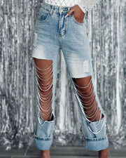 Straight Jeans Women 2023 Spring Summer Holes Diamond Rhinstones Solid Fashion High Street High Waist Cotton Denim Pants