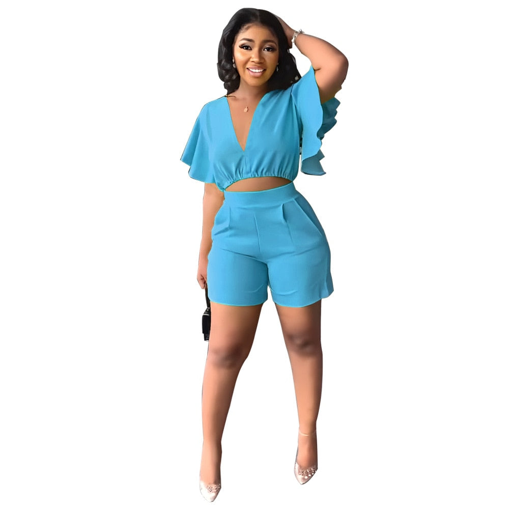 Sexy V Neck Ruffles Sleeve Crop Top &amp; Pockets Shorts Suit