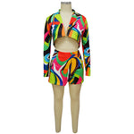 Load image into Gallery viewer, Echoine Colorful Print Long Sleeve Turn Down Callar Shorts Set
