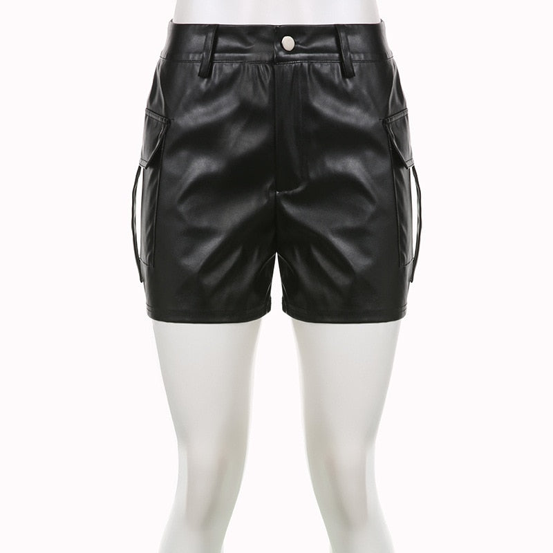 Echoine Black PU Leather Cargo Shorts