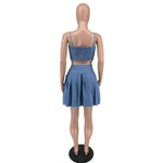 Load image into Gallery viewer, Echoine Denim Sling Spaghetti  Crop Top Pleated Mini Skirt Set
