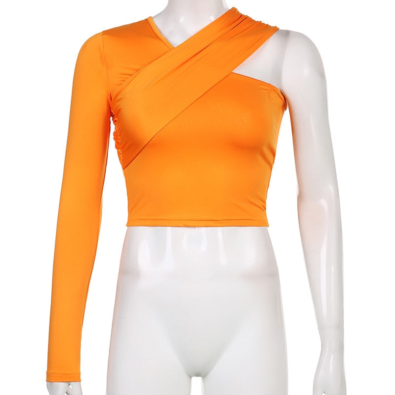 2023 Spring Asymmetrical V Neck One-Shoulder Soild Women&#39;s T-Shirts  Slim Female Streetwear Crop Tops Summer All-Match Tees