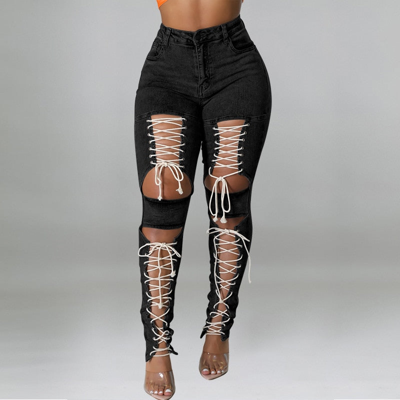 Fashion Sexy Women Summer Pants Female Streetwear Jeans Hollow Out Bottoms Eyelet Lace Up Trousers Women Denim Pants