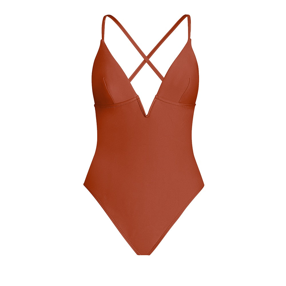 SEASELFIE V-Wire Cross Back One-piece Swimsuit For Women Black Sexy Backless Monokini Swimwear Bathing Suit Beachwear