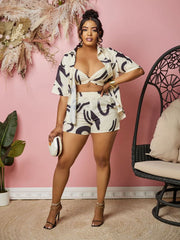 Echoine Casual Print Short Sleeve Shirt Crop Top and Shorts Set