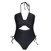SEASELFIE Black Cut Out Halter One-piece Swimsuit For Women Sexy Drawstring Monokini Swimwear Beach Bathing Suit Beachwear