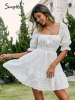 Load image into Gallery viewer, Simplee Lace up hollow out knot summer white dress
