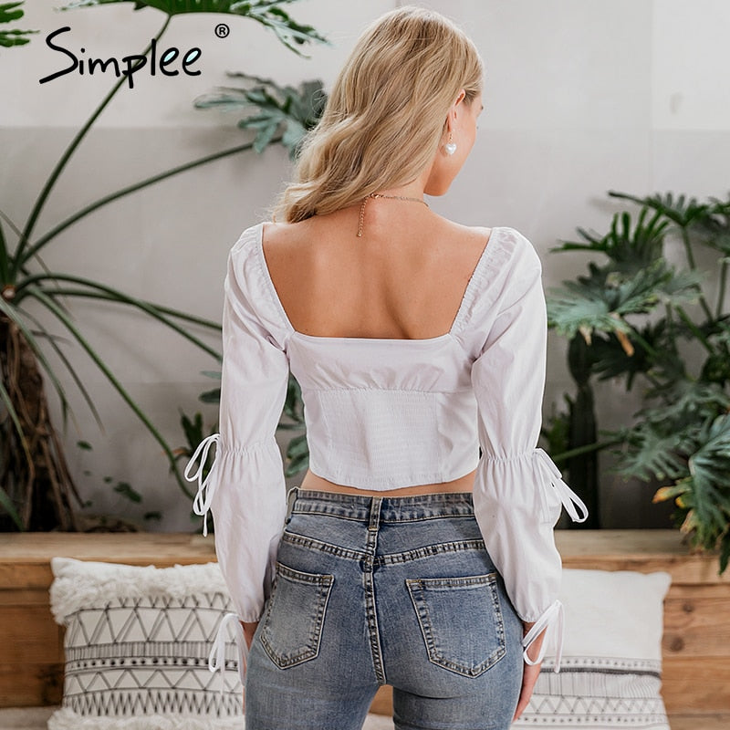 Simplee Vintage elegant white women blouses shirt Casual button blouse twist lace up Spring summer holiday blusas mujer shirts