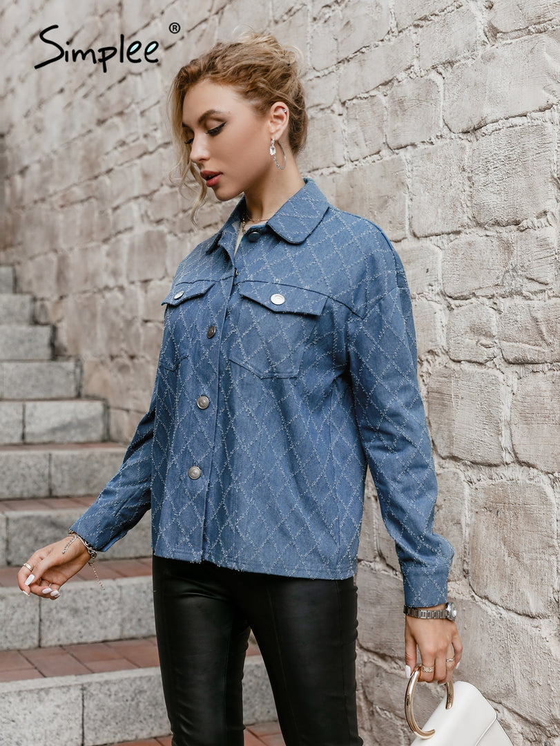 Simplee Cotton lapel long sleev women denim jacket