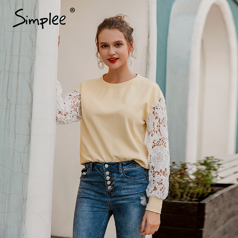 Simplee Casual round neck slim ladies blouse Solid knitted women work boluse Fashion flower pattern hollow long sleeve pullover