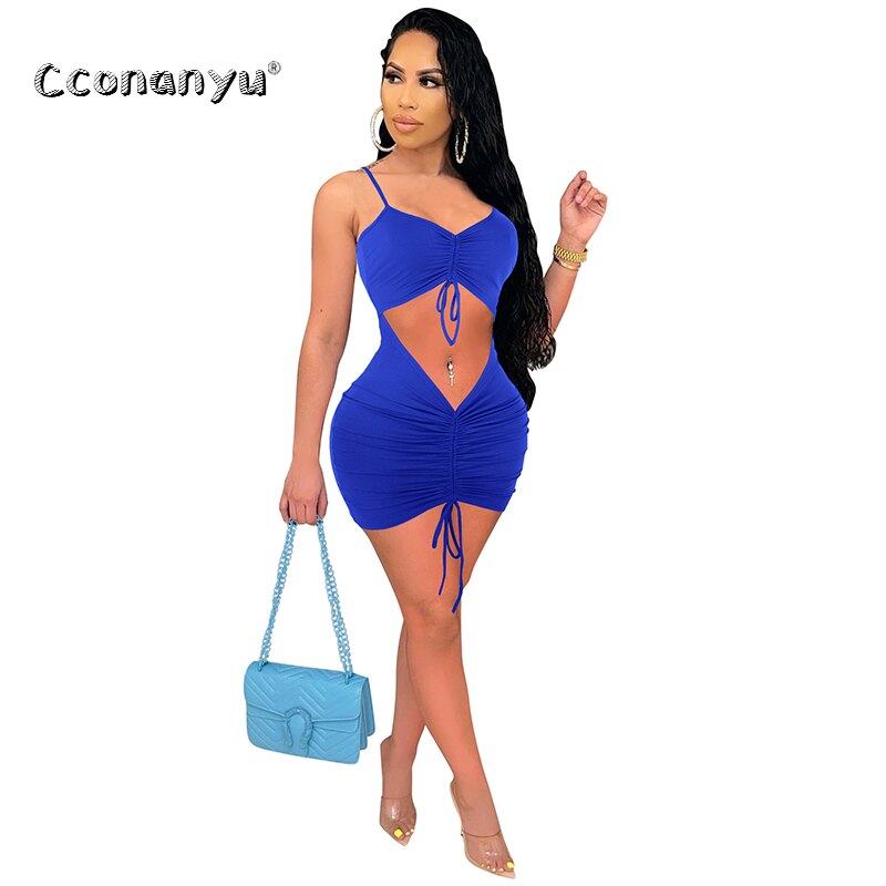 Women V Neck Drawstring Ruched Sleeveless Slip Dress Sexy Hollow Out Bodycon Bandage 2023 Summer Party Club Elegant Mini Dresses