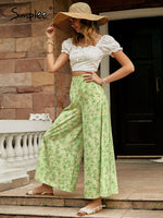 Load image into Gallery viewer, Simplee Floral holiday light green women wide leg pants Loose causal high waist female trousers Zipper thin summer beach bottoms
