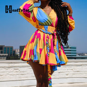 Tie Dye Print Colorblock Belted Casual Fit Flare Dress