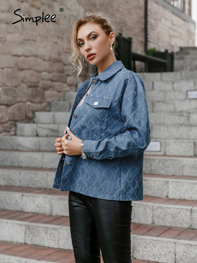 Simplee Cotton lapel long sleev women denim jacket