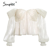 Simplee Sexy strapless women blouse shirt Chiffon long sleeve femal tops blouse High street style short  ladies blouse shirt
