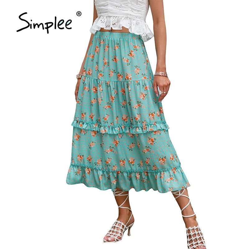 Simplee Bohemian floral ruffle midi skirt women summer Holiday elastic waist A-line skirt