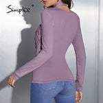 Load image into Gallery viewer, Simplee High street halter ruched layered top women Elegant skinny autumn long sleeve t-purple  Casual fashion ladies short tops
