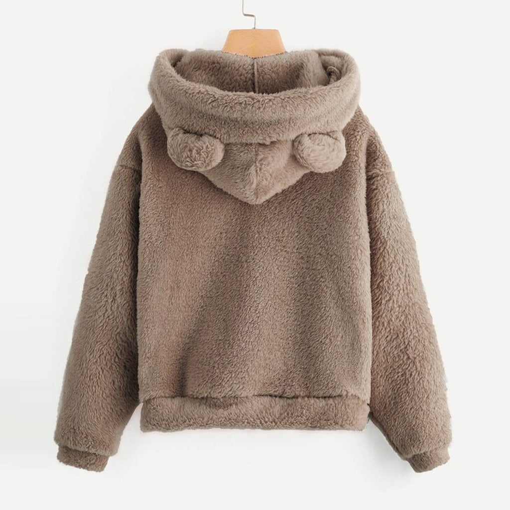 Fluffy hoodies Women kawaii Sweatshirt cute bear ear cap Autumn Winter Warm pullover Long Sleeve outwear Fleece coat moletom new