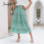 Load image into Gallery viewer, Simplee Bohemian floral ruffle midi skirt women summer Holiday elastic waist A-line skirt
