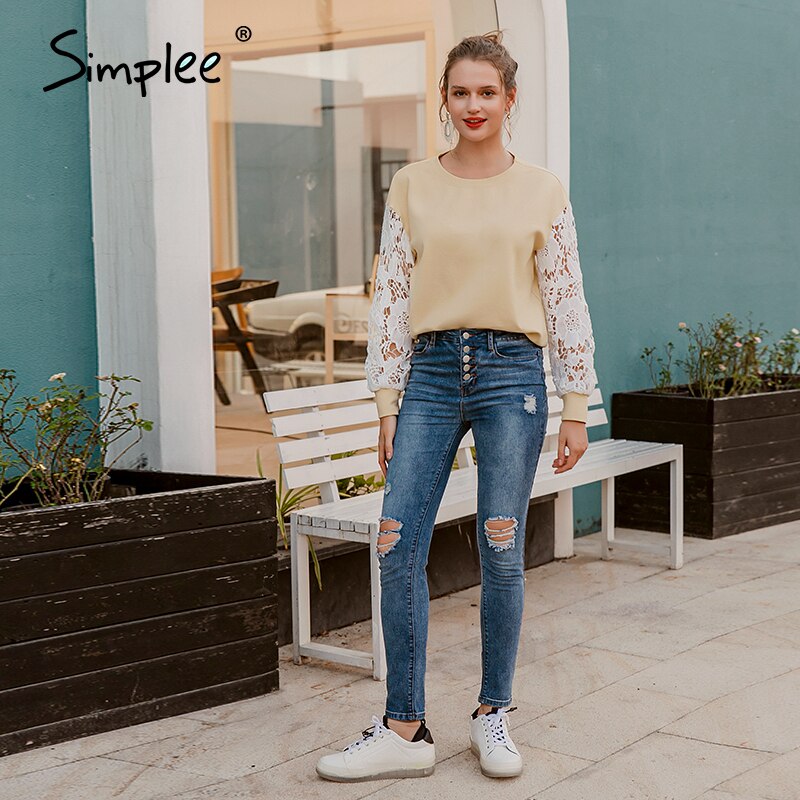 Simplee Casual round neck slim ladies blouse Solid knitted women work boluse Fashion flower pattern hollow long sleeve pullover