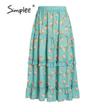 Load image into Gallery viewer, Simplee Bohemian floral ruffle midi skirt women summer Holiday elastic waist A-line skirt
