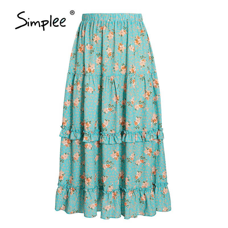 Simplee Bohemian floral ruffle midi skirt women summer Holiday elastic waist A-line skirt