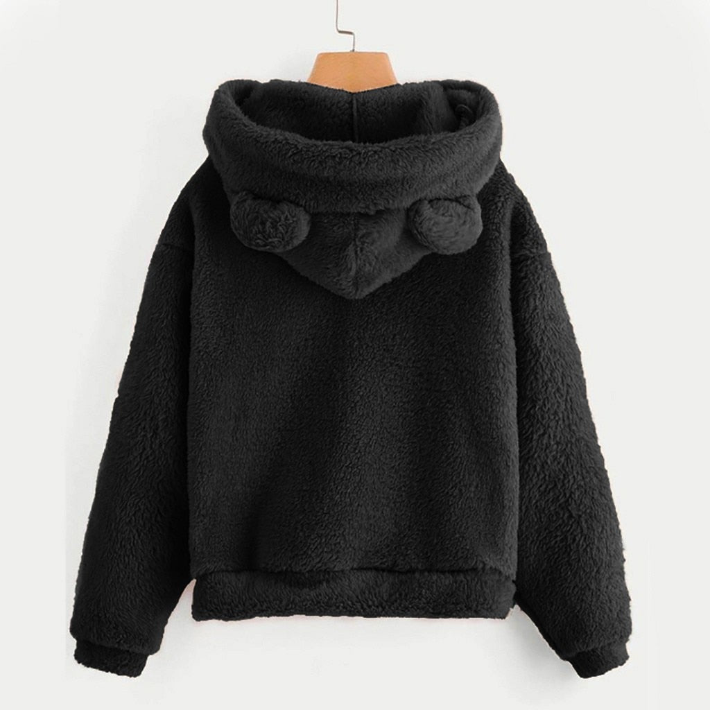 Fluffy hoodies Women kawaii Sweatshirt cute bear ear cap Autumn Winter Warm pullover Long Sleeve outwear Fleece coat moletom new