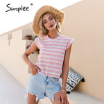 Load image into Gallery viewer, Simplee Casual stripe ruffled back lace up women t-shirts summer V-neck office lady cotton shirts female Elegant fashion top new
