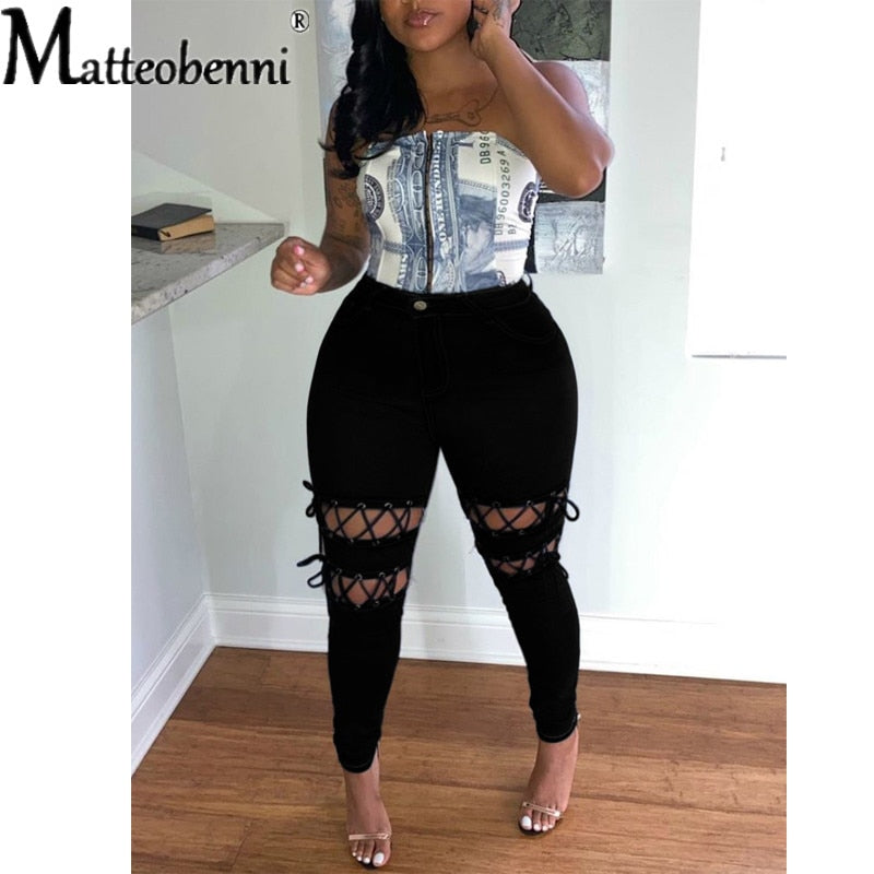 New Fashion Women Solid Lace-up Hollow Out Jeans 2021 Winter Lady&#39;s Streetwear High Waist Skinny Denim Pencil Pants